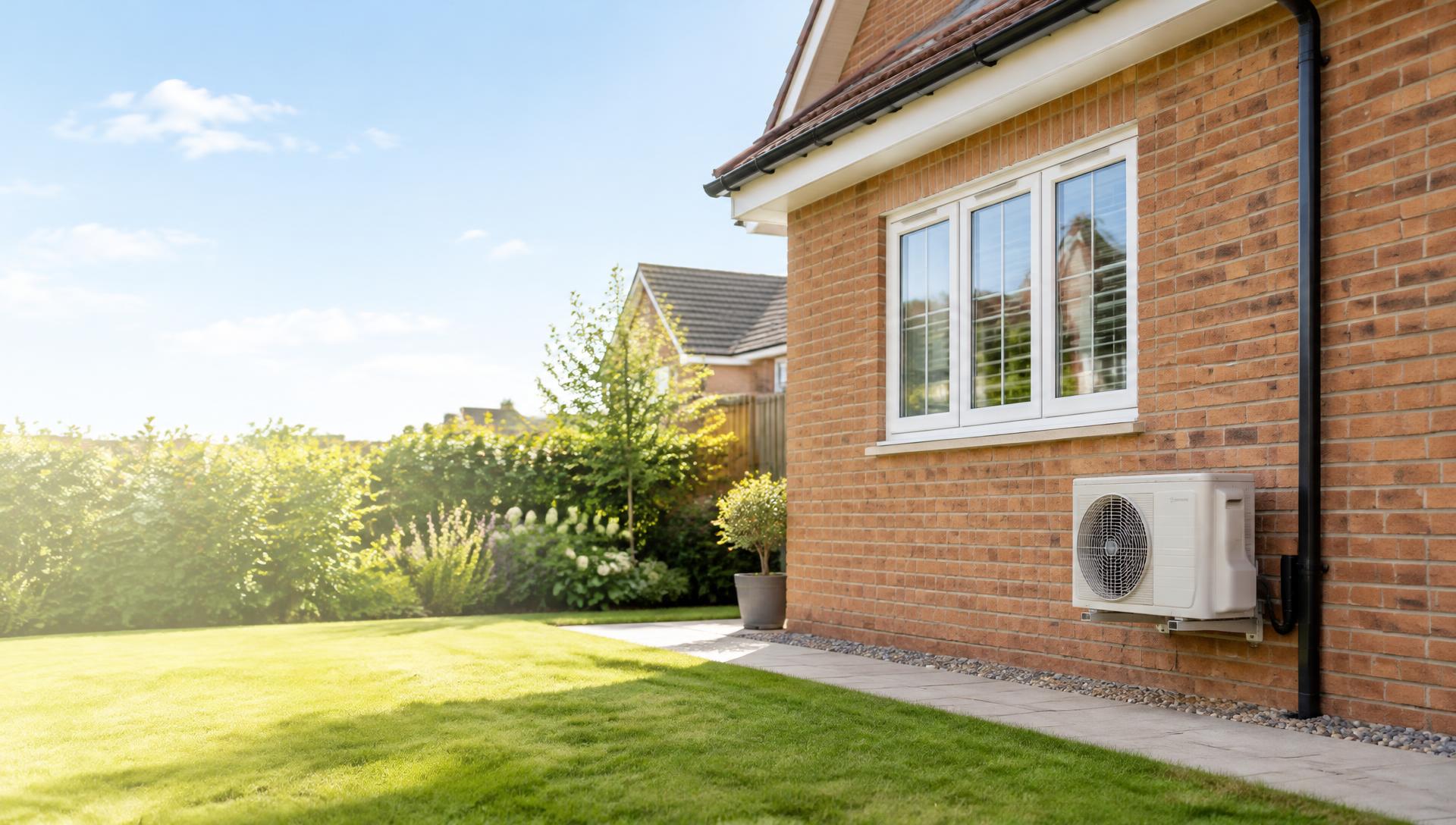 Sunlit brick Hampshire home with a neatly installed air conditioning unit on the side wall
