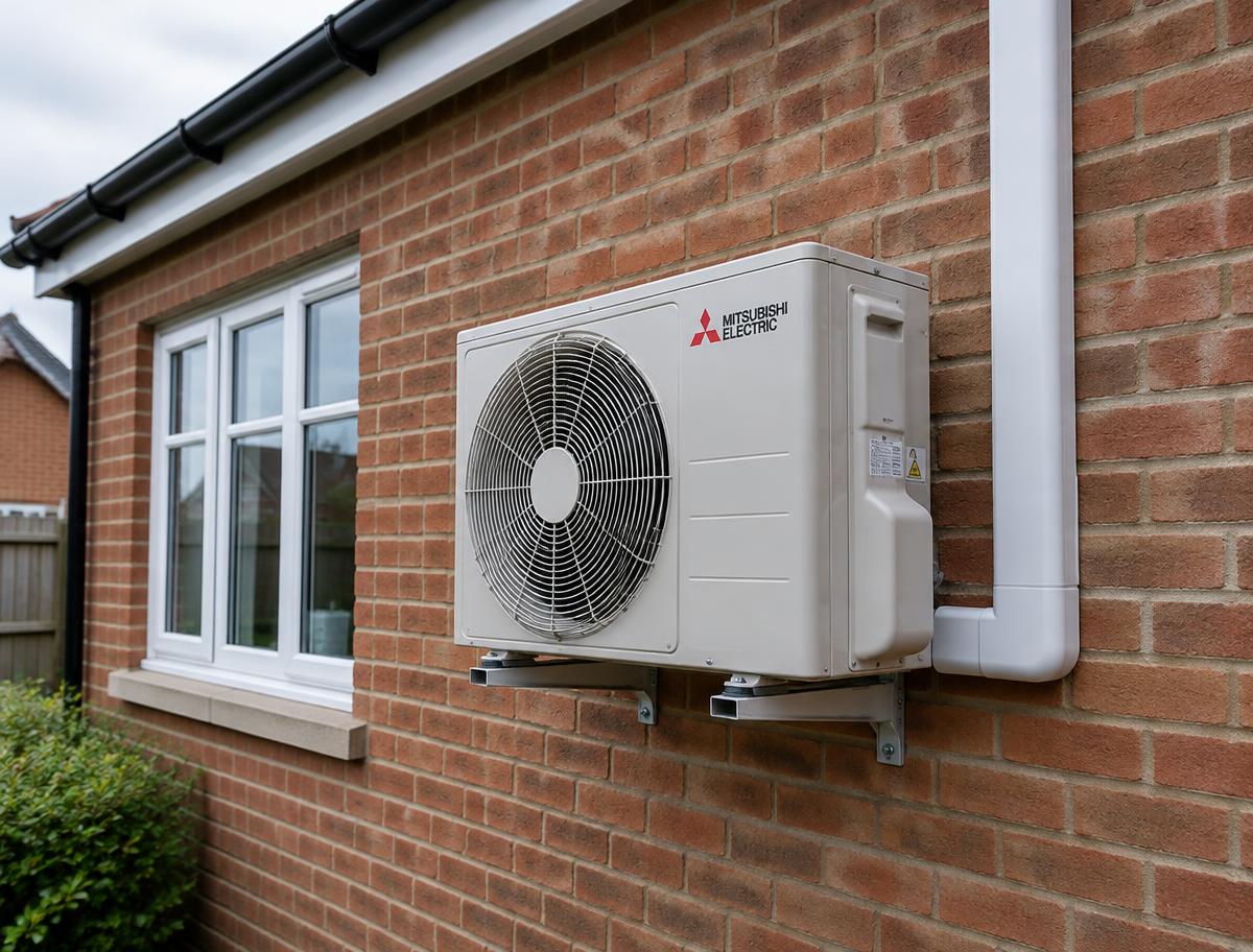 Neatly installed air conditioning outdoor unit on a brick house wall